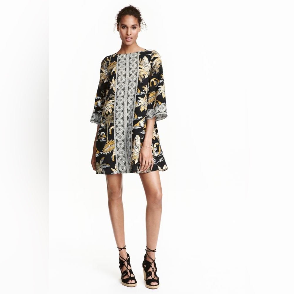 Short A Line Black and Gold Palm Print Dress or Cover-up NWT